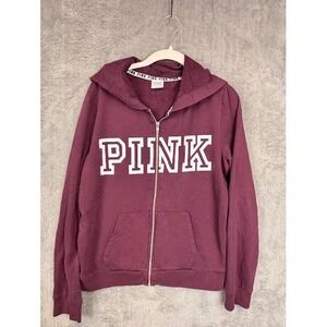 Pink Victoria's Secret Full Zip Hoodie Burgundy Logo Athletic Casual Womens L